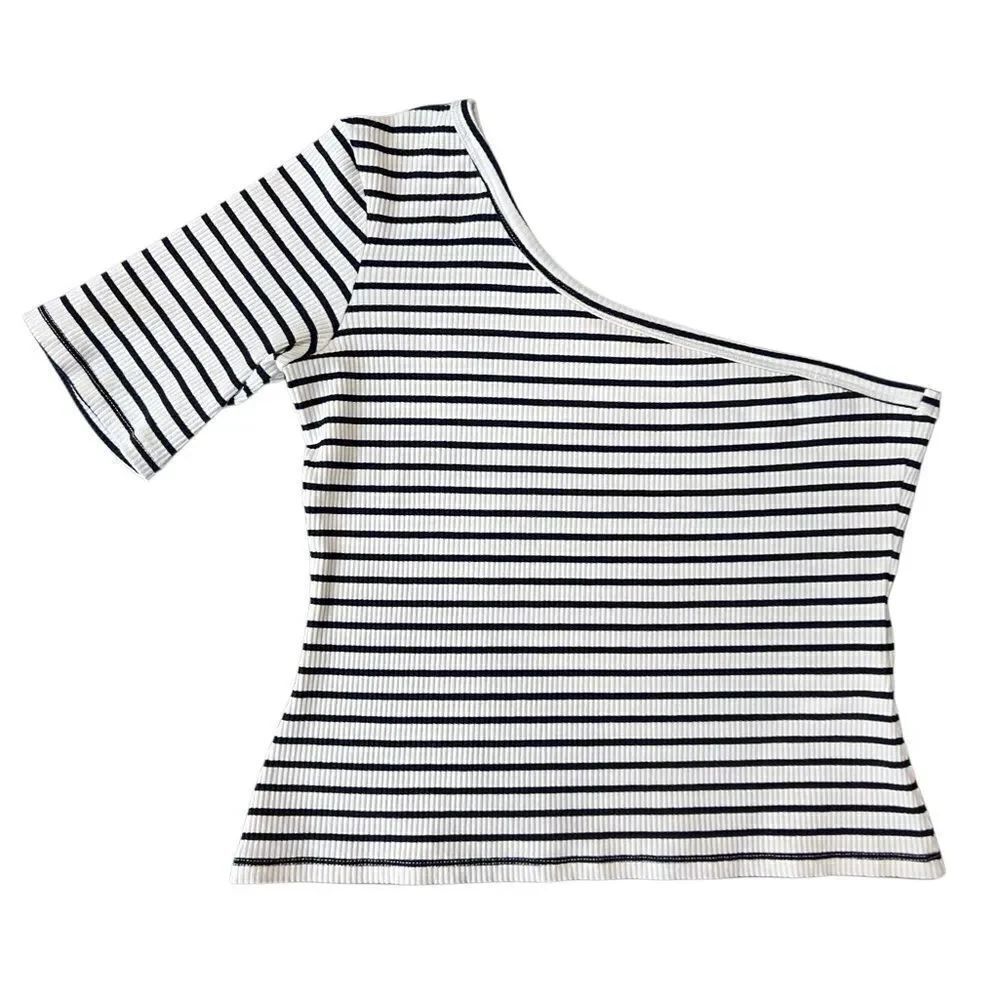 RITA ROW Ras Striped Blue Top One-Shoulder Size Large - Picture 2 of 15